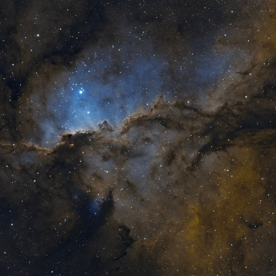 Interlocking pale and dark nebular structures in the Fighting Dragons of Ara region.