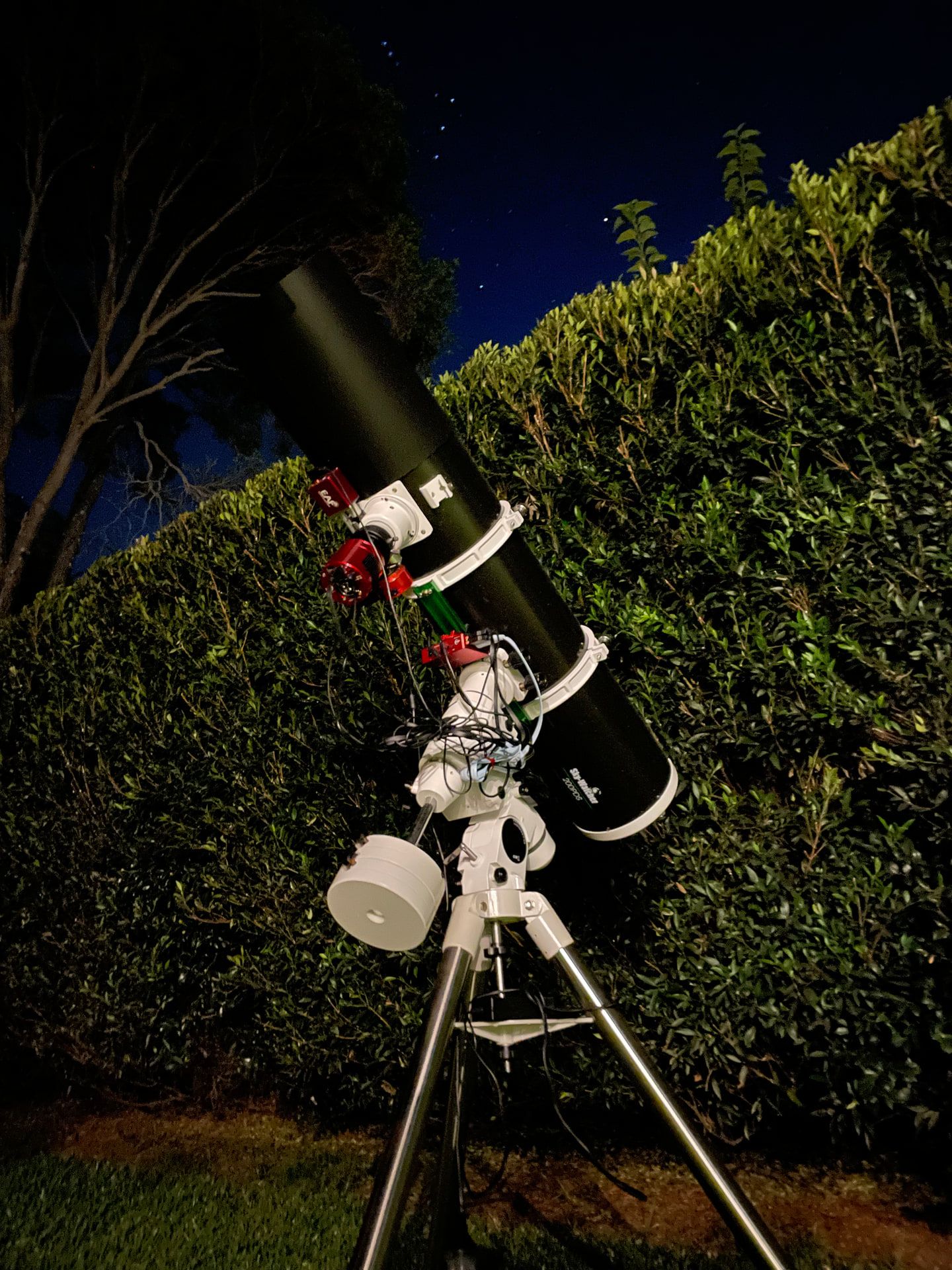 Caleb’s Sky-Watcher 200PDS imaging setup beneath the night sky.