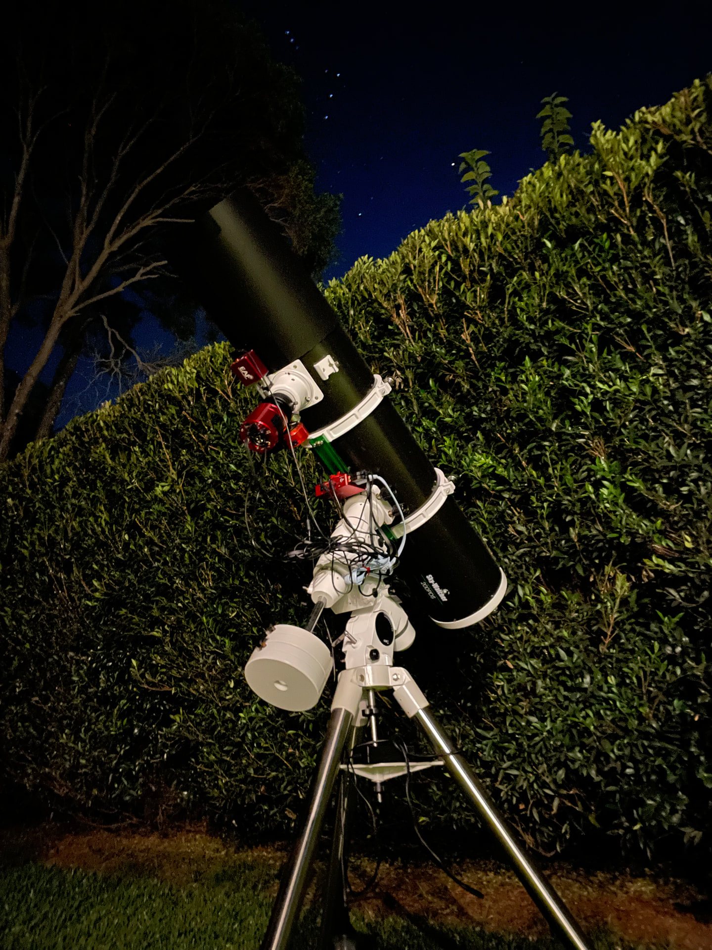 Caleb’s telescope and imaging equipment set up outside at night.