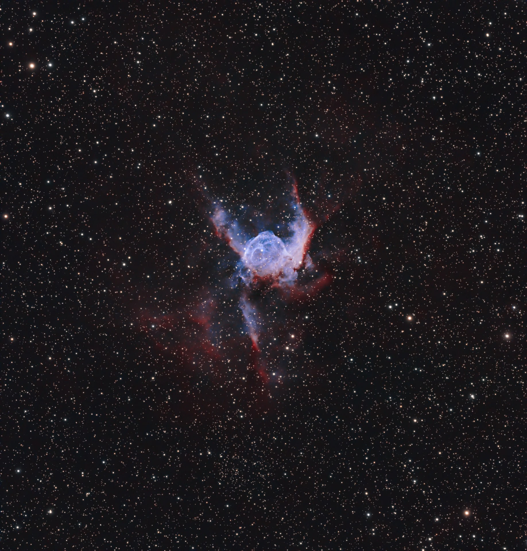The blue central bubble and sweeping wings of Thor's Helmet Nebula, edged with red emission in a dense star field.